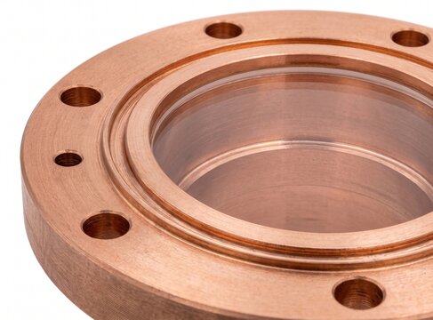 High-power klystron microwave output window. Ultra-clear alumina ceramic disk brazed into a heavy copper waveguide flange. Precision RF hardware component isolated on white background.