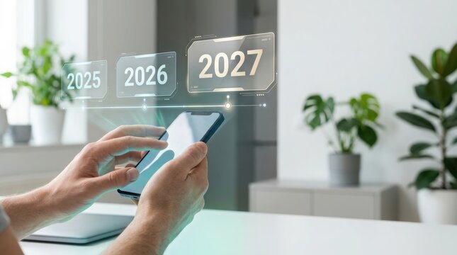 Person using smartphone to view future year 2027 holographic