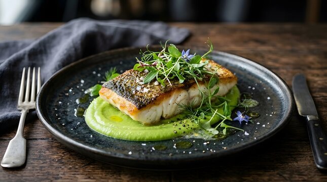 Pan seared cod fish fillet with crispy skin, served on green pea puree and herbs.
