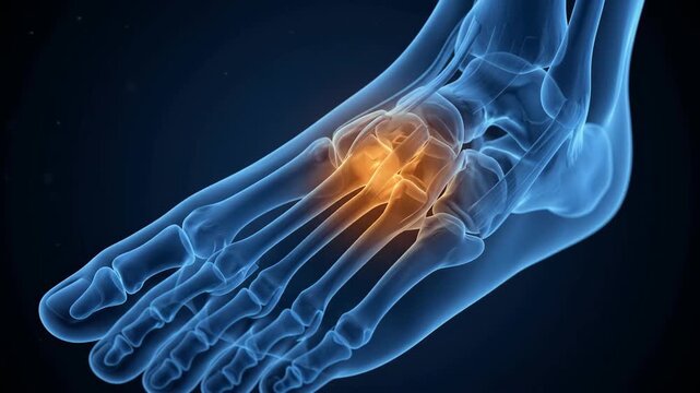 Human foot anatomy animation showing tarsal bone pain and inflammation