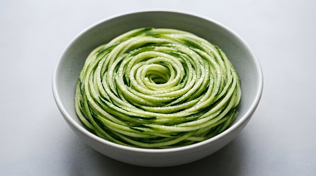 Fresh green zucchini noodles arranged in decorative spiral pattern in a white bowl.