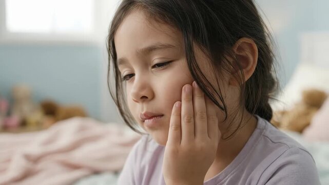 Little girl holding her cheek in pain due to a toothache