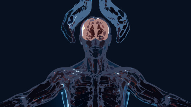 Human brain illustration is positioned between a robotic and a human hand showcasing neurological connection anatomy artificialintelligence