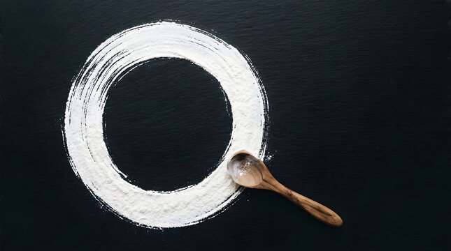 White flour creatively arranged in a perfect circle with a wooden spoon on a dark background.