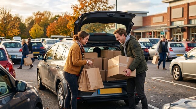 Couple Loading Black Friday Purchases into Car