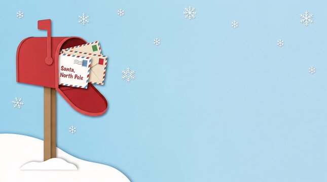 Christmas mailbox with North Pole envelopes on blue background