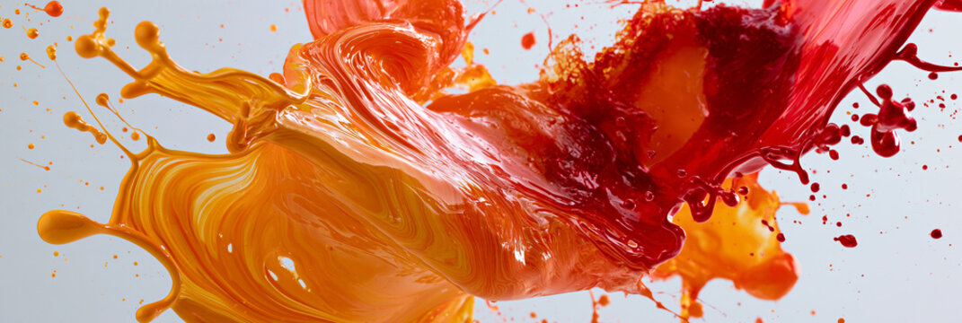 Orange und rote Farbspritzer mit flie&szlig;enden Tropfen auf hellem Grund