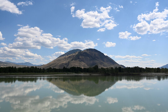 Thompson River with Mount Peter and Mount Paul Mount Peter at the background in Kamloops, British Columbia, Canada.