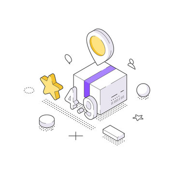 A unique isometric vector illustration of a delivery service. A parcel box with a map pin for fast shipping and package tracking. A concept for e-commerce, logistics, and order fulfillment