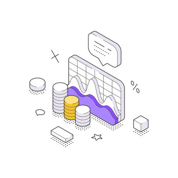 An isometric vector illustration of a falling stock market chart with coins. Represents a financial crisis, economic recession, investment loss, and business data analysis for a market report