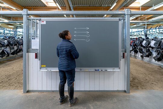 Horse riding instructor in a navy quilted jacket studying chalk diagrams on a grey board in a stable for equestrian training and lessons