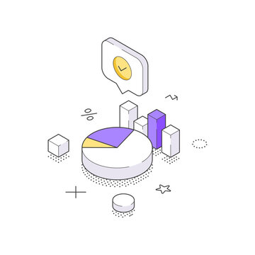 An isometric vector illustration of a pie chart with data segments and a clock icon. Represents business analytics, financial reporting, statistical analysis, and time management for project deadlines
