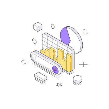 An isometric vector illustration of a search bar with bar and pie charts. Represents data search, business intelligence, market research, and financial statistics analysis on a web dashboard