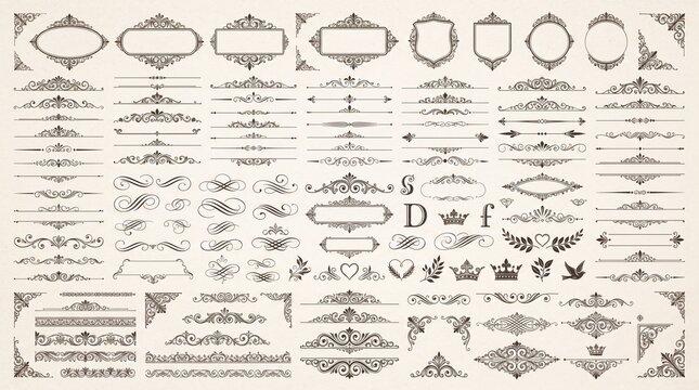 Victorian flourishes and calligraphic dividers featuring ornate scrollwork designs arranged for elegant stationery invitations and formal documents created in a classic vintage style on textured paper
