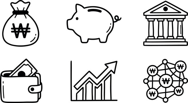 South Korea Finance Banking Investment and Won Currency Line Icon Set
