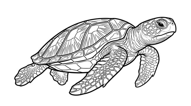 Detailed sea turtle line art illustration, black and white marine turtle sketch, realistic aquatic reptile drawing for coloring book or educational use