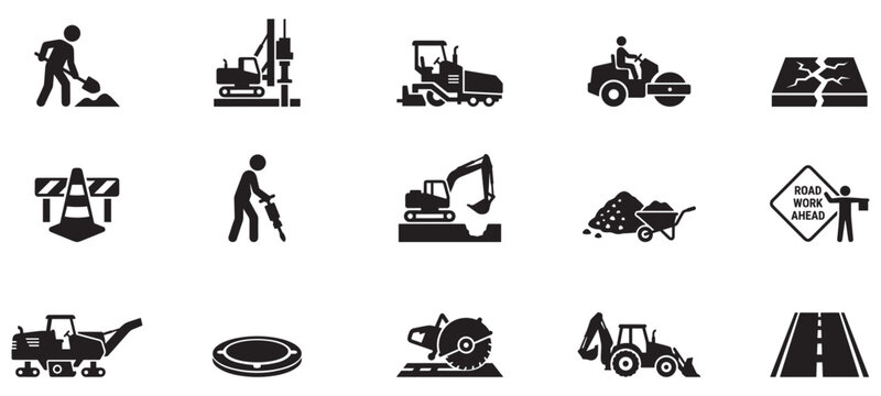 Road construction icons set. Road Construction Icons. Road Construction. Solid icon set of Road construction. Vector Illustration.