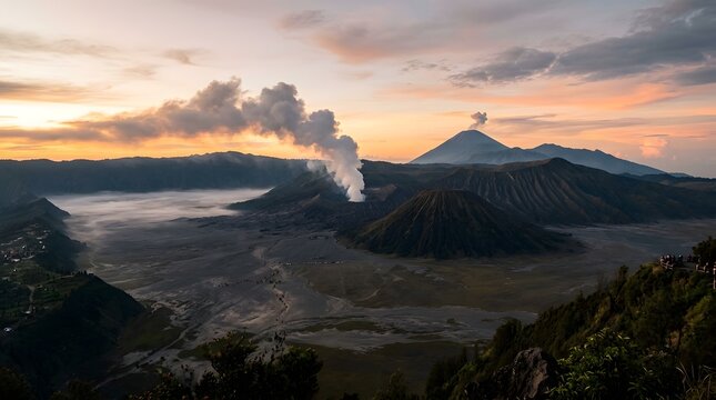 Majestic Mount Bromo Volcano Erupting with Smoke at Sunrise in Java, Indonesia