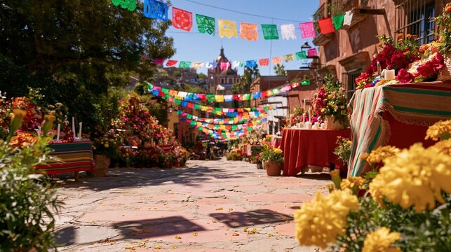 Dia de los Muertos street celebration with glowing candles and colorful ofrendas on a stone walkway for Mexican heritage travel