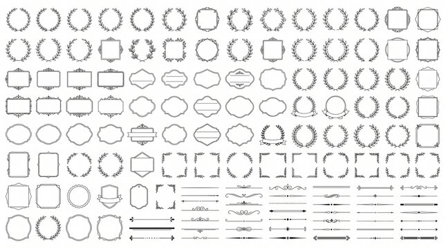 Decorative vector frame collection featuring various vintage borders wreaths and elegant dividers rendered in clean black lines on a white background for professional graphic design projects