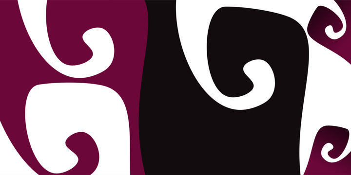 Abstract cultural wave art background. Minimalist Māori koru pattern design in black, maroon, and white vector style.