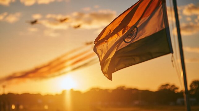 Indian flag waving in the warm golden light of a sunset, with military aircraft in a diagonal formation leaving colorful smoke trails