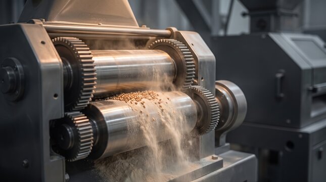 Modern machinery processing wheat grains into fine flour, illustrating industrial food production, milling technology, and the transformation of raw agricultural materials