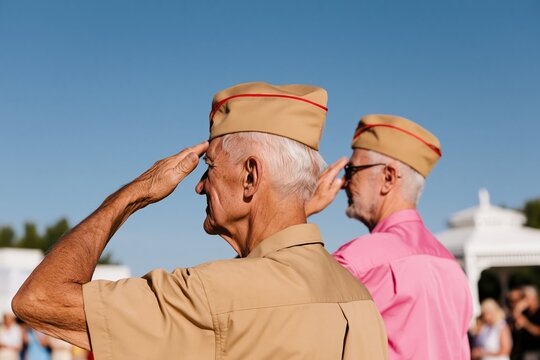 Elderly veterans in garrison caps salute with weathered skin and coarse silver hair during a solemn memorial ceremony for remembrance and honor