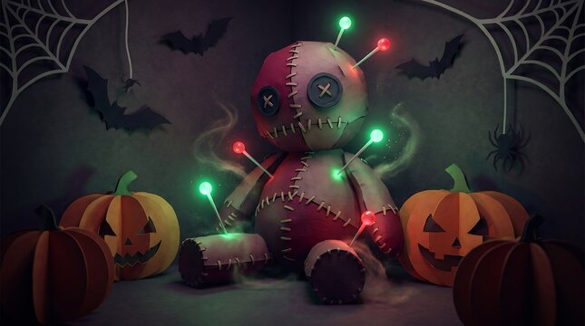 Voodoo doll sitting with pumpkins in spooky lighting