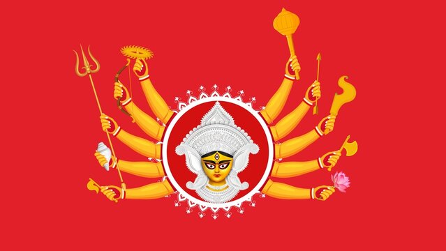 Happy Durga Puja vector background design with goddess face and ten arms on red layout