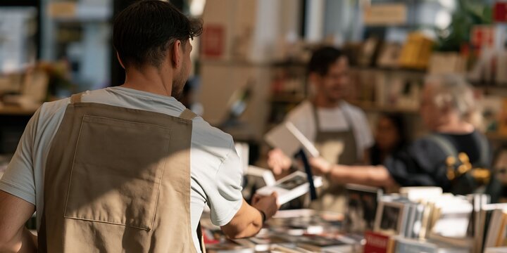Man in a canvas apron standing in a bright bookshop, with soft light and blank copy space for a mockup banner