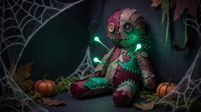 Stitched voodoo doll sitting in dark Halloween scene