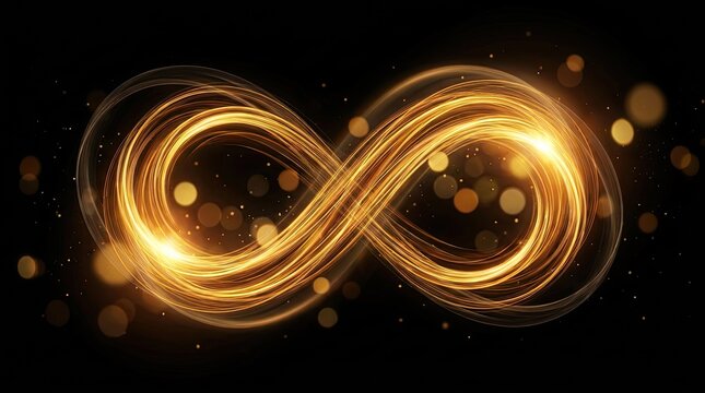 Golden infinity symbol with glowing light trails against a dark blurred background