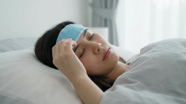 Sick woman sleeping in bed with cooling gel patch on her forehead