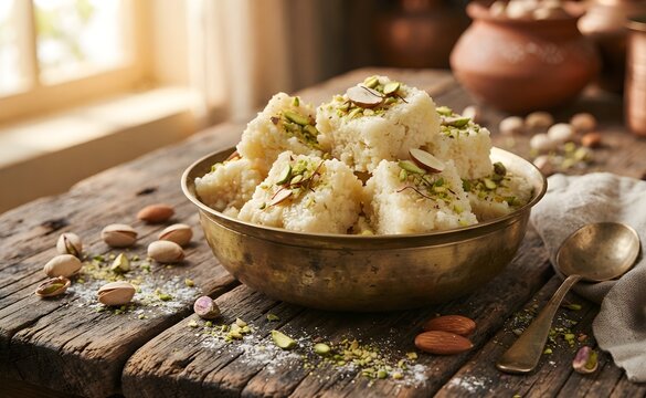 Delicious traditional Indian sweet kalakand granular milk cake pieces garnished with chopped pistachios and almonds arranged in a brass bowl on a rustic wooden table.
