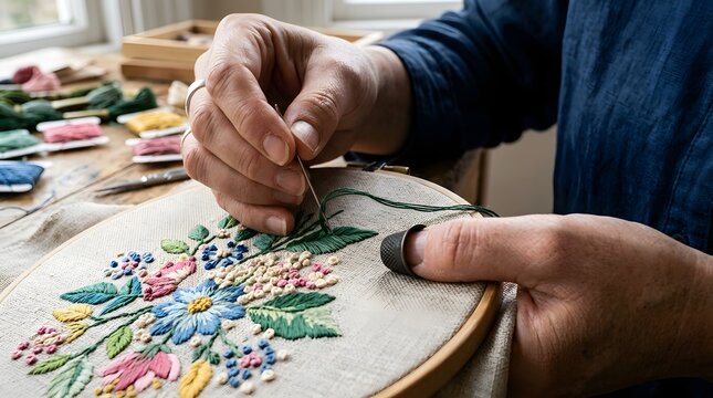 Close-up of skilled hands meticulously stitching a detailed colorful floral design on fabric within a wooden embroidery hoop