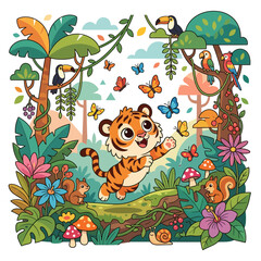 Fototapeta premium Playful tiger cub jumping in a vibrant tropical jungle surrounded by exotic birds, butterflies, and lush flora