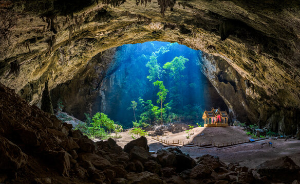 Sunbeam illuminating Kuha Karuhas pavilion inside the massive Phraya Nakhon Cave in Khao Sam Roi Yot National Park near Hua Hin Thailand
