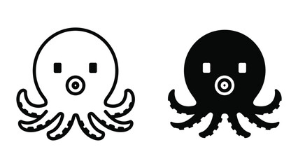 Cute octopus character icon in outline and solid black vector graphic design styles © Fahad