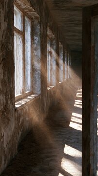 Abandoned Soviet-Era Concrete Hospital Corridor with Peeling Paint and Sunlight Streaming Through Dust