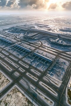 aerial drone photography of an international airport hub with geometric runways on an overcast day