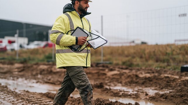 Man in high-vis jacket and hard hat walking through mud at a data center construction site, for engineering and site work