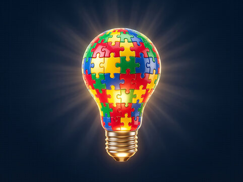 Colorful puzzle pieces forming illuminated light bulb symbolizing creativity and ideas