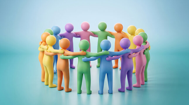 Colorful group of cartoon figures holding hands in a circle formation together