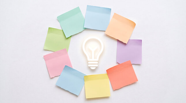Colorful sticky notes arranged in circle around light bulb symbolizing creativity and ideas