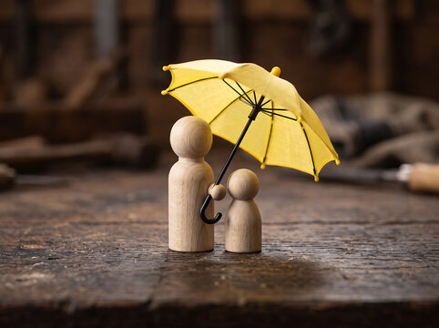 Wooden Figures Holding Yellow Umbrella Together On Rustic Surface