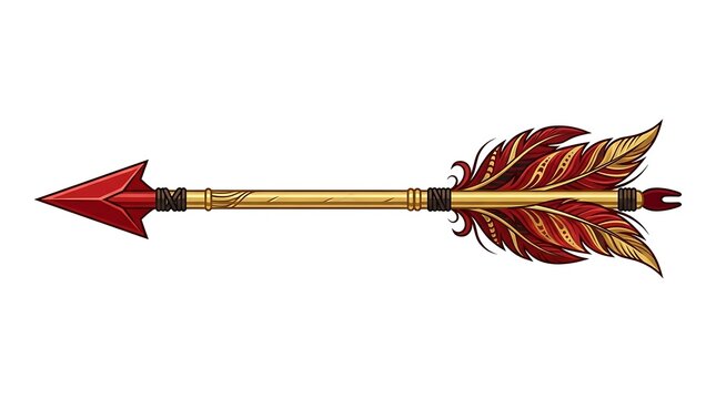 Elaborate gold-tipped arrow with ornate red feather fletching for fantasy or historical project branding