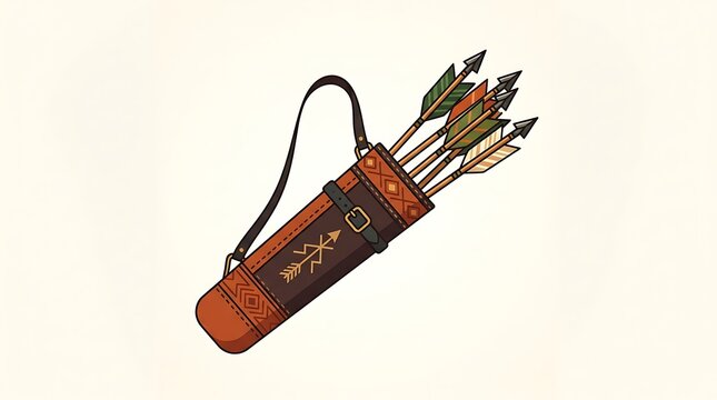 Leather quiver with feathered arrows isolated on a light background