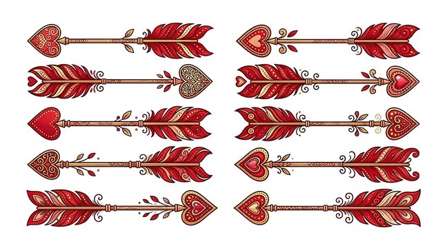 Set of stylized arrows with ornate red feathers and heart-shaped tips for romantic or wedding branding materials