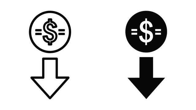 Dollar currency symbol with downward arrow vector icon set for financial loss concept